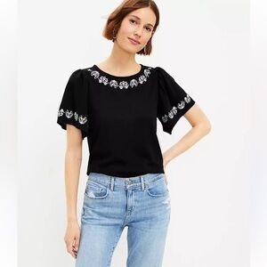 Loft Embroidered Black Top size large